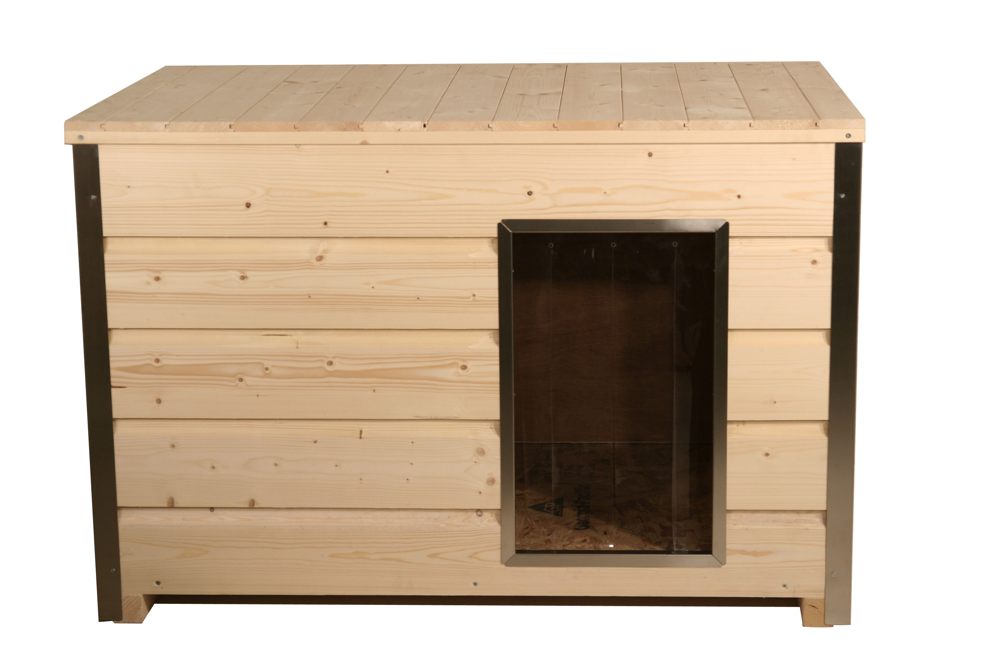 Holz-Hundehütte mit 30 mm Isolierung und Flachdach, naturbelassen, 116,5 x 78 x 75 cm